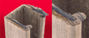 photo and closeup of strut cut with abrasive saw