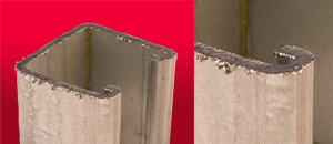 photo and closeup of strut cut with metal cutting saw