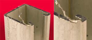photo and closeup of strut cut with portaband saw
